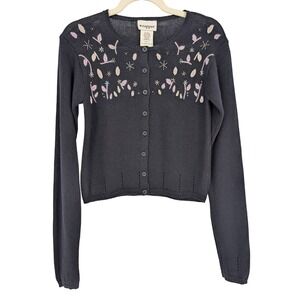 VTG 90s Wrapper Black Cardigan‎ S Embroidered Beaded Floral Cotton Twee Cottage